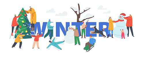 Winter Concept. Happy Family Parents with Kids Making Snowman on Snowy Landscape. Wintertime Outdoor Activity. People Playing on Christmas Holidays Poster, Banner or Flyer. Cartoon Vector Illustration