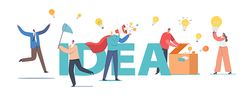 Characters Spread Knowledge, Ideas Concept. Man in Red Cloak with Loudspeaker, People with Lightbulbs, Open Box with Lamps, People Catch Bulbs with Net Poster Banner Flyer. Cartoon Vector Illustration