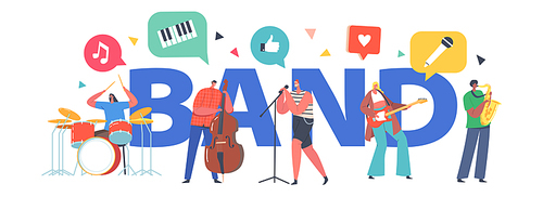 Music Band Concept. Artists Characters with Musical Instruments Singing Rock Song, Guitar, Contrabass and Sax Player Accompany, Rock Concert Poster, Banner or Flyer. Cartoon People Vector Illustration