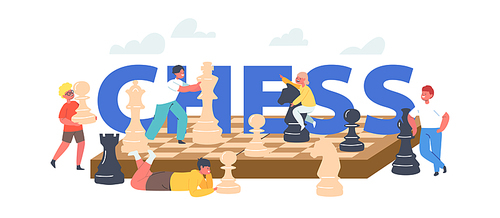 Kids Playing Chess Concept. Children with Huge Figures on Chessboard Enjoying Logic Activities and Game. Characters Tournament, Education Poster, Banner or Flyer. Cartoon People Vector Illustration