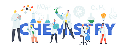 Schoolkids Conduct Experiment in Chemistry Class Concept. Little Researchers Characters with Teacher Conducting Chemical Experiment Poster, Banner or Flyer. Cartoon People Vector Illustration