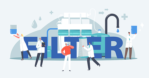 Filter Concept. Tiny Scientist Characters Use Huge Water Treatment System and Aqua Filter Jugs for Cleaning and Purification Drinking Water Poster, Banner or Flyer. Cartoon People Vector Illustration