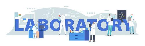Scientific Laboratory Research Concept. Scientists Characters Working in Lab with Dna, Looking through Microscope, Medicine Technology Poster, Banner or Flyer. Cartoon People Vector Illustration