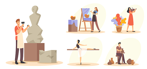 Set Creative Occupation Concept. Talented Male and Female Characters Working on Sculpture or Pottery, Painting Arts, Playing Musical Instruments and Dance Ballet. Cartoon People Vector Illustration