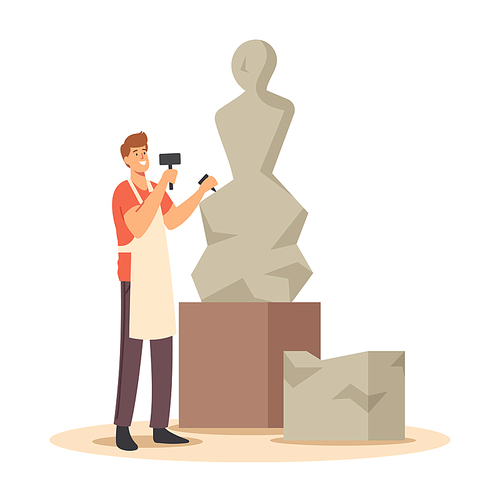 Talented Young Man Sculptor Working on Sculpture Making Figure of Stone or Marble. Craft Hobby and Creative Profession. Artist Carver Artistic Hobby or Job. Cartoon Vector Illustration