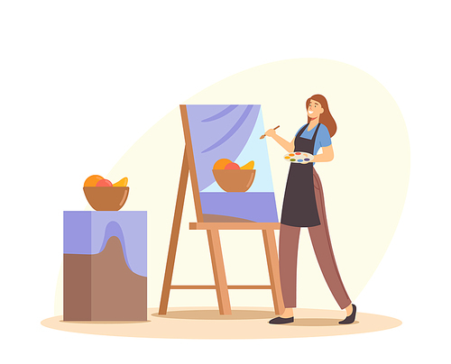 Creative Occupation, Drawing Hobby, Art Class or Workshop. Talented Artist Female Character in Apron with Paints Palette and Brush in Hand Painting Fruits on Easel Canvas. Cartoon Vector Illustration