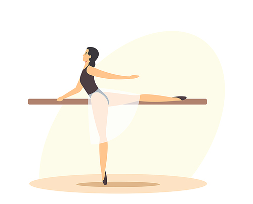 Ballerina Female Character Creative Occupation. Girl Training in Ballet Dance Studio Perform Basic Arms and Legs Moves on One Dancer Example. Classroom with Parallel Bar. Cartoon Vector Illustration