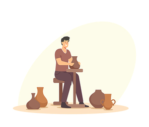 Handcrafted Master Class, Creative Occupation. Happy Man Making Pot on Rotating Wheel during Workshop. Potter Art Hobby, Ceramist Male Character Creating Clay Art Object. Cartoon Vector Illustration