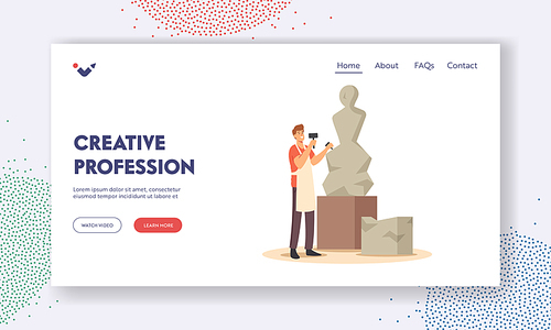 Creative Profession Landing Page Template. Man Sculptor Working on Sculpture Making Figure of Stone or Marble. Craft Hobby and Talented Artist Carver Artistic Hobby. Cartoon Vector Illustration