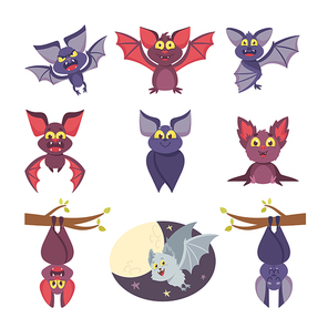 Set Cute Bats Halloween Cartoon Characters, Funny Personages with Smiling Muzzle Hang Upside Down or Flying Isolated on White Background. Vampire Winged Animal Comic Collection. Vector Illustration