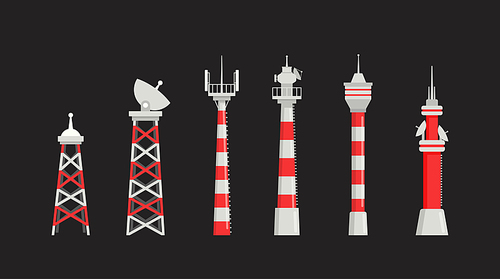 Set of Radio Towers, Communication Technology Antenna Construction. City Network Wireless Signal Station Broadcast Equipment Isolated on Black Background. Cartoon Vector Illustration, Icons