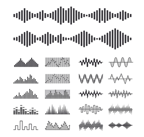 Set of Music Sound Waves, Audio Digital Equalizer Technology Isolated Design Elements, Console Panel, Pulse Musical Beats, Voice Recognition, Frequency Monochrome Symbols. Vector Illustration, Icons