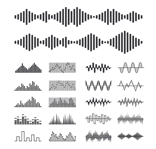 Set of Music Sound Waves, Audio Digital Equalizer Technology Isolated Design Elements, Console Panel, Pulse Musical Beats, Voice Recognition, Frequency Monochrome Symbols. Vector Illustration, Icons