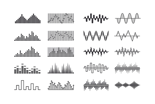 Set of Music Sound Waves, Radio Frequency Tracks and Vibration Impulse Signs. Audio Digital Equalizer Technology Isolated Design Elements, Console Panel, Pulse Musical Beats. Vector Illustration