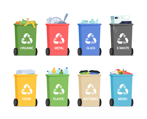 Recycling Litter Bins for Separated Garbage Organic, Metal, Glass with E-Waste and Paper or Plastic Trash, Battaries and Mixed Rubbish. Equipment for Ecology Protection. Cartoon Vector Illustration