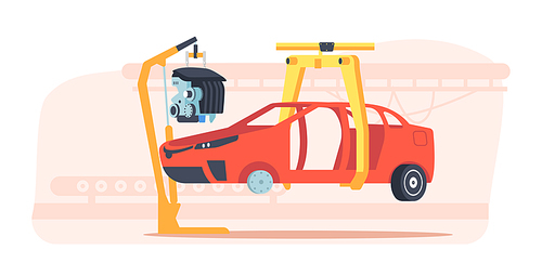Car Factory, Automobile Production Industry with Vehicle Body Hang on Robotics Arm. Automotive Manufacture, Production Line, Modern Technologies, Auto Plant. Cartoon Vector Illustration