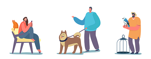 People and their Pets, Happy Cheerful Man with Husky Puppy on Leash, Woman Sitting on Chair at Home with Cat. Male Character with Parrot and Cage, Love to Animals. Cartoon People Vector Illustration