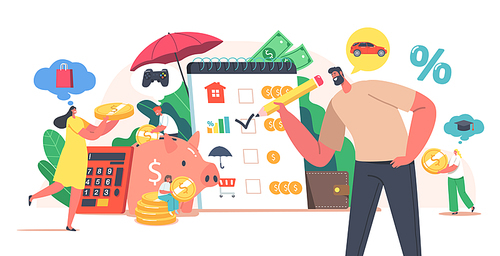 Family Budget Planning Concept. People Earn and Save Money, Tiny Male and Female Characters Collect Coins into Huge Piggy Bank. Universal Basic Income, Capital, Wealth. Cartoon Vector Illustration