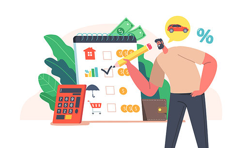 Family Collect Money, Budget Planning and Savings, Income Counting Concept. Happy Male Character Fill Form with Purchases List Stand near Huge Calculator, Finance Wealth. Cartoon Vector Illustration