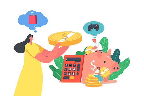 Financial Profit, Universal Basic Income, Earn Salary and Wealth Concept. Tiny Female Character Put Coin into Huge Piggy Bank. Woman Collect Money for Family Budget Saving. Cartoon Vector Illustration