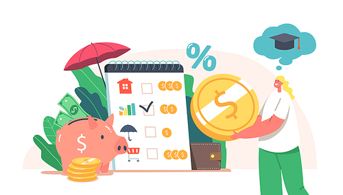 Tiny Female Characters Collect Coins into Huge Piggy Bank for Education. Earn and Save Money, Universal Basic Income, Capital, Wealth, Family Budget Savings Concept. Cartoon Vector Illustration