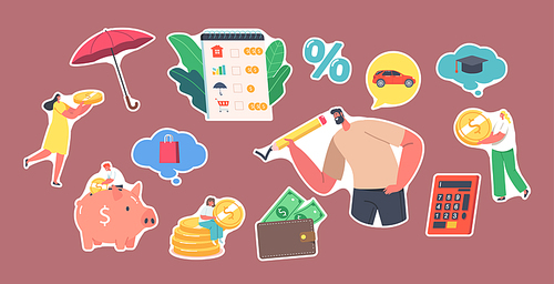 Set of Stickers Family Budget Planning Concept. People Earn and Save Money for Purchases, Tiny Male Female Characters Collect Coins into Huge Piggy Bank. Capital, Wealth. Cartoon Vector Illustration