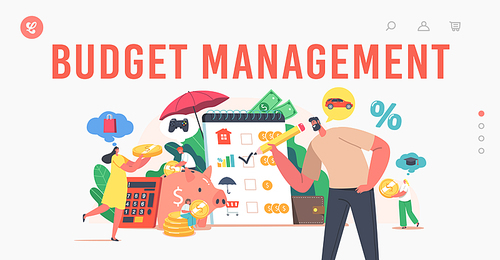Budget Management Landing Page Template. Family People Earn and Save Money, Tiny Characters Collect Coins into Huge Piggy Bank. Universal Basic Income, Capital, Wealth. Cartoon Vector Illustration