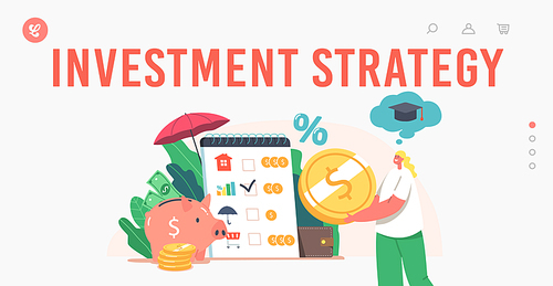 Investment Strategy Landing Page Template. Tiny Female Characters Collect Coins into Huge Piggy Bank for Education. Earn and Save Money, Capital, Wealth, Budget Savings. Cartoon Vector Illustration
