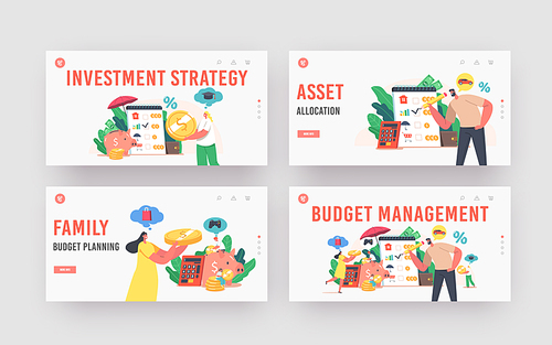 Budget Management Landing Page Template Set. Family People Earn and Save Money, Tiny Characters Collect Coins into Huge Piggy Bank. Universal Basic Income, Capital, Wealth. Cartoon Vector Illustration