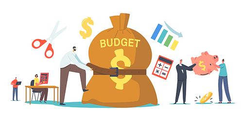 Tiny Businessman Character Tight Huge Budget Sack with Belt. Poor Man and Woman with Empty Piggy Bank. Frustrated, Disappointed Businesspeople Economy Crisis. Cartoon People Vector Illustration