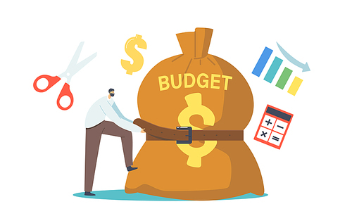 Tiny Businessman Character Tight Huge Budget Sack with Belt. Businessman in Economy Crisis Situation Trying to Reduce Money Spending. Investment Decrease, Sale Drop. Cartoon People Vector Illustration