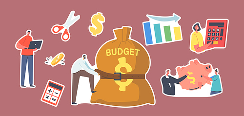 Set of Stickers Budget Deficit Theme. Tiny Businessman Character Tight Huge Sack with Belt. Man and Woman with Empty Piggy Bank. Decrease Chart, Calculator, Economy Crisis. Cartoon Vector Illustration