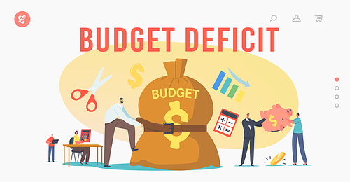 Budget Deficit Landing Page Template. Tiny Businessman Character Tight Huge Budget Sack with Belt. Poor Man and Woman with Empty Piggy Bank. Business People Economy Crisis. Cartoon Vector Illustration