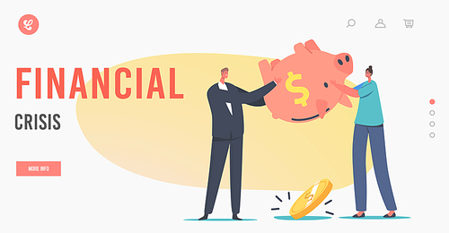 Characters in Financial Crisis, Investment Decrease Landing Page Template. Bankruptcy, Budget Deficit. Upset Business People Shaking Empty Piggy Bank with No Money inside. Cartoon Vector Illustration