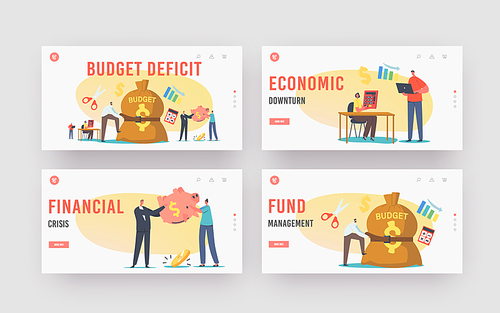 Budget Deficit Landing Page Template Set. Tiny Businessman Character Tight Budget Sack with Belt. Poor Man and Woman with Empty Piggy Bank. Business People Economy Crisis. Cartoon Vector Illustration
