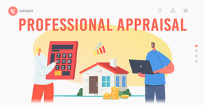 Home Professional Appraisal Landing Page Template. Tiny Appraisers Agents Characters Holding Huge Calculator and Laptop at Real Estate Building. Value, Assessment. Cartoon People Vector Illustration