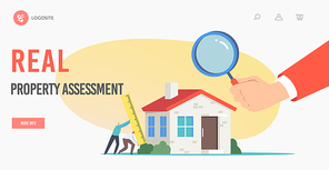 Real Estate Assessment, Home Appraisal Landing Page Template. Tiny Real Estate Agents Characters with Huge Ruler doing House Inspection. Human Hand with Magnifier. Cartoon People Vector Illustration