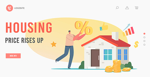 Housing Prices Rise Up Landing Page Template. Tiny Male Character Holding Huge Percent Symbol near Real Estate Building. Mortgage, Man Buying House, Home Value Concept. Cartoon Vector Illustration