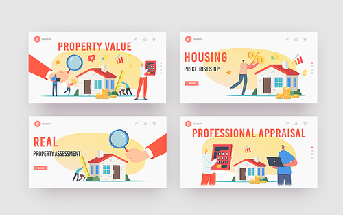 Real Property Value, Assessment Landing Page Template Set. Appraisers Characters do House Inspection. Real Estate Valuation, Home Professional Appraisal with Agents. Cartoon People Vector Illustration