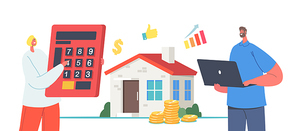 Home Professional Appraisal with Tiny Agents Holding Huge Calculator and Laptop at Real Estate Building. Value, Assessment. Appraisers Characters House Inspection. . Cartoon People Vector Illustration
