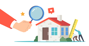 Tiny Real Estate Agents Characters with Huge Ruler doing House Inspection. Real Estate Valuation, Home Professional Appraisal for Sale. Human Hand with Magnifier. Cartoon People Vector Illustration