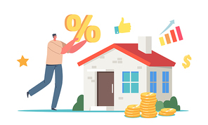 Tiny Male Character Holding Huge Percent Symbol near Real Estate Building with Gold Coins around. Mortgage, Man Buying House, Home Value Professional Appraisal Concept. Cartoon Vector Illustration