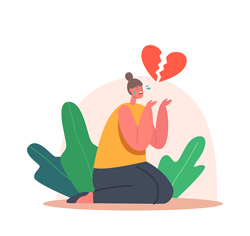 Depressed Heartbroken Teen Girl Sitting on Floor with Pieces of Red Broken Heart and Crying. End of Love and Loving Relations, Loneliness, Child Depression Concept. Cartoon Vector Illustration