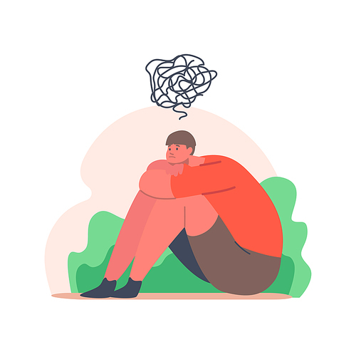 Teenager Depression, Problems, Depressed Unhappy Boy Sitting on Floor with Tangled Thoughts in Head. Kid Character need Professional Psychological Help, Mental Assistance. Cartoon Vector Illustration