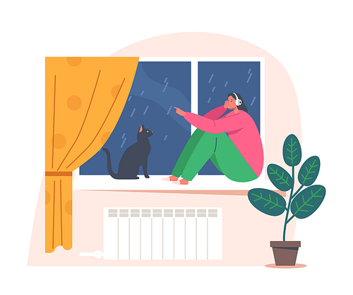 Depressed Anxious Girl Listening Music Sitting on Windowsill with Cat at Rainy Weather. Teenager Character in Depression Feeling Frustrated and Sad at Home, Teen Problems. Cartoon Vector Illustration