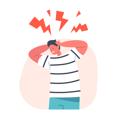 Furious Boy Gnash Teeth with Flashes above Head, Feel Depression, Stress and Headache. Fury, Rage, Outraged Kid Character Yelling, Suffering of Migraine or Life Problems. Cartoon Vector Illustration