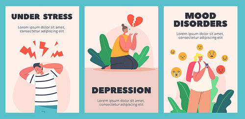 Childhood Depression Cartoon Posters. Depressed Anxious Kids Character with Headache Feeling Frustrated Crying with Broken Heart, Feel Pain due to Cyberbullying and Life Problem. Vector Illustration