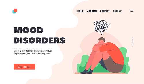 Mood Disorders Landing Page Template. Teenager Depression, Problems, Depressed Unhappy Boy Sitting on Floor with Tangled Thoughts in Head. Kid Character need Help. Cartoon Vector Illustration