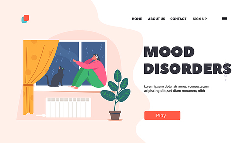 Teenager in Depression Landing Page Template. Depressed Girl Listen Music Sitting on Windowsill with Cat at Rainy Weather. Character Feeling Sad at Home, Teen Problems. Cartoon Vector Illustration