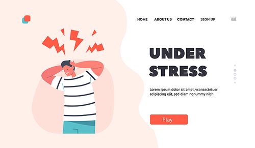 Kids Stress Landing Page Template. Furious Boy Gnash Teeth with Flashes above Head, Feel Depression and Headache. Kid Character Suffering of Migraine or Life Problems. Cartoon Vector Illustration